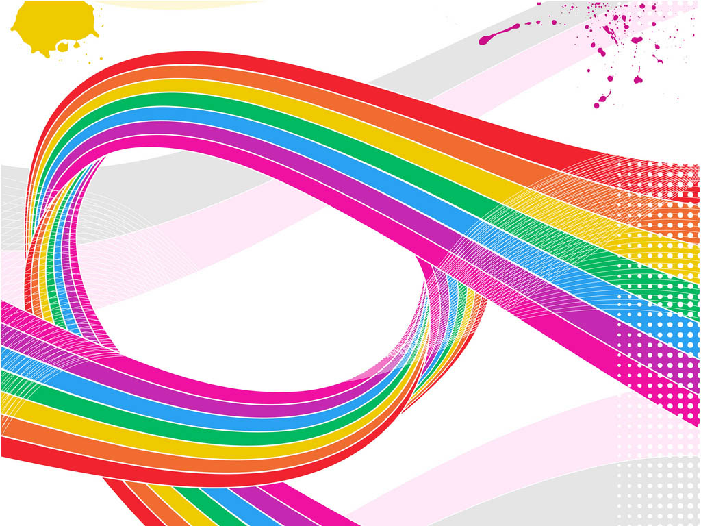 Swriling rainbow ribbon with half tone pattern and paint splats PPT Backgrounds