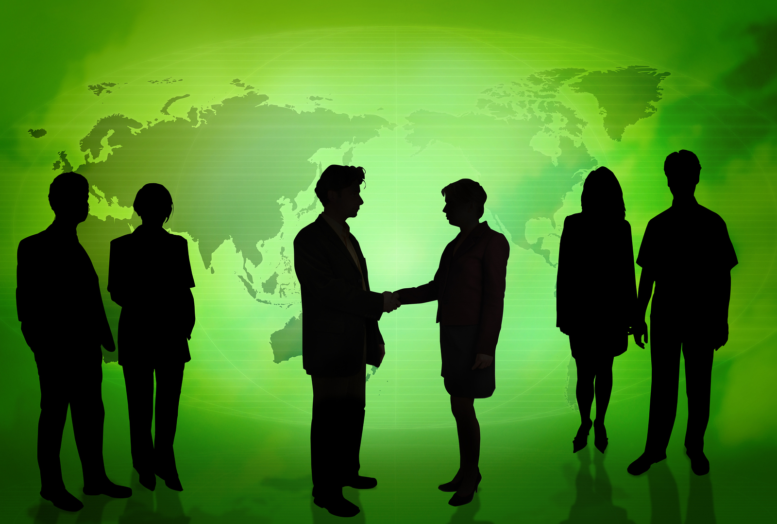 Business people in front Green map PPT Backgrounds