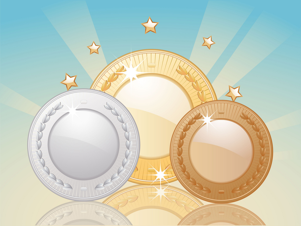 Gold silver and bronze reflected medals on a starburst background with gold stars